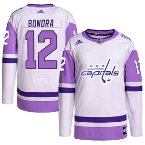 Peter Bondra Men's Adidas Washington Capitals Authentic White/Purple Hockey Fights Cancer Primegreen Jersey