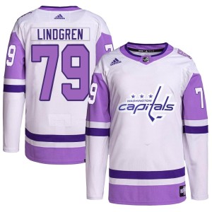 Charlie Lindgren Youth Adidas Washington Capitals Authentic White/Purple Hockey Fights Cancer Primegreen Jersey